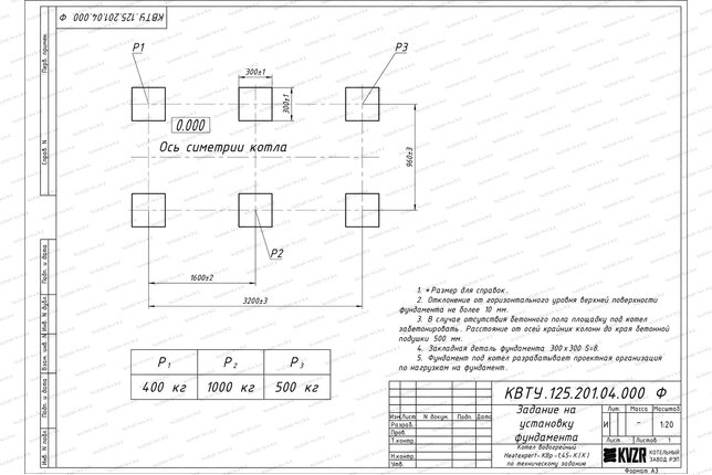 Чертеж изготовления фундамента котла 1.45 МВт угольного с колосниками